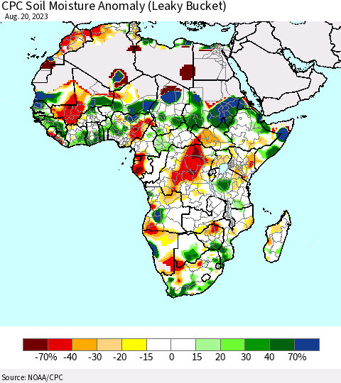 Africa CPC Soil Moisture Anomaly (Leaky Bucket) Thematic Map For 8/16/2023 - 8/20/2023