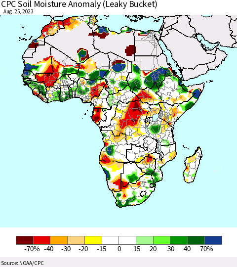 Africa CPC Soil Moisture Anomaly (Leaky Bucket) Thematic Map For 8/21/2023 - 8/25/2023