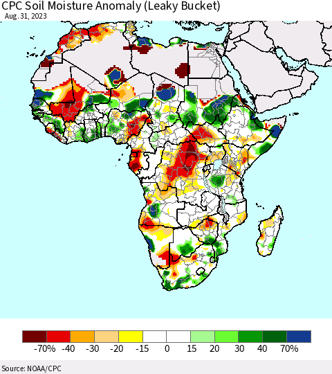Africa CPC Soil Moisture Anomaly (Leaky Bucket) Thematic Map For 8/26/2023 - 8/31/2023