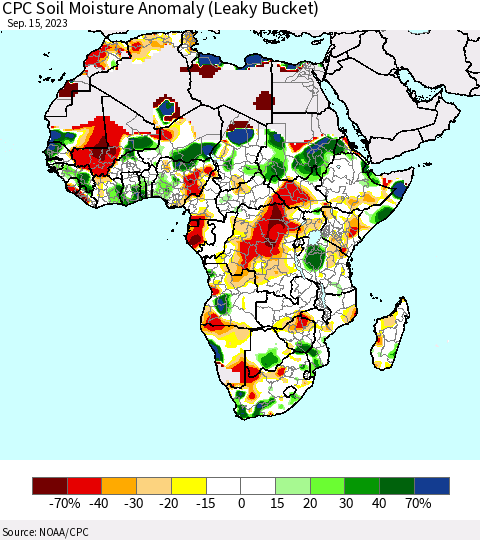 Africa CPC Soil Moisture Anomaly (Leaky Bucket) Thematic Map For 9/11/2023 - 9/15/2023