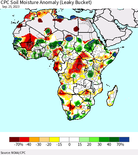 Africa CPC Soil Moisture Anomaly (Leaky Bucket) Thematic Map For 9/21/2023 - 9/25/2023