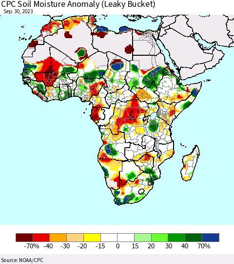Africa CPC Soil Moisture Anomaly (Leaky Bucket) Thematic Map For 9/26/2023 - 9/30/2023