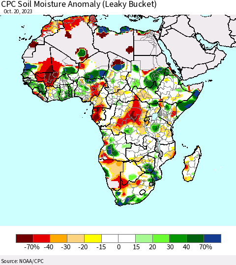 Africa CPC Soil Moisture Anomaly (Leaky Bucket) Thematic Map For 10/16/2023 - 10/20/2023