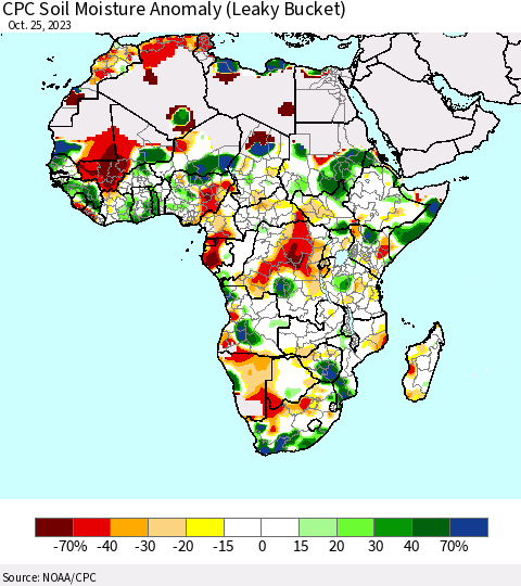 Africa CPC Soil Moisture Anomaly (Leaky Bucket) Thematic Map For 10/21/2023 - 10/25/2023