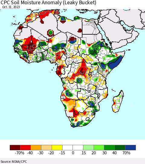 Africa CPC Soil Moisture Anomaly (Leaky Bucket) Thematic Map For 10/26/2023 - 10/31/2023