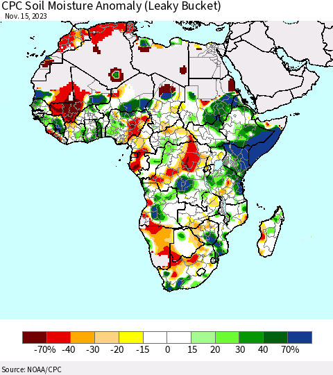 Africa CPC Soil Moisture Anomaly (Leaky Bucket) Thematic Map For 11/11/2023 - 11/15/2023