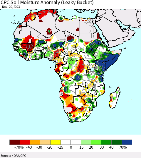 Africa CPC Soil Moisture Anomaly (Leaky Bucket) Thematic Map For 11/16/2023 - 11/20/2023