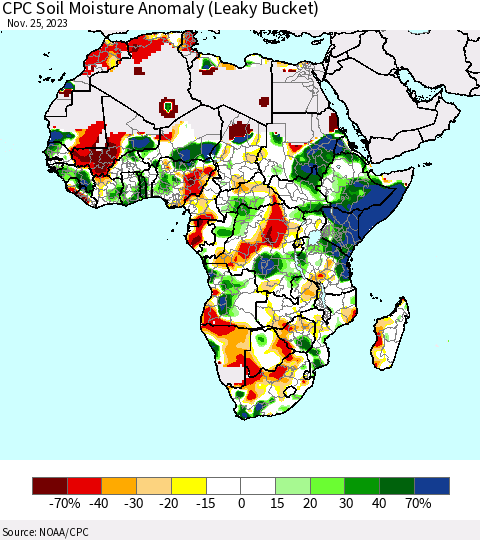 Africa CPC Soil Moisture Anomaly (Leaky Bucket) Thematic Map For 11/21/2023 - 11/25/2023