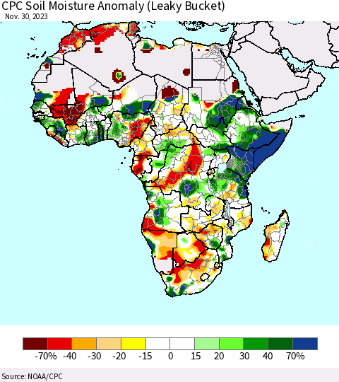 Africa CPC Soil Moisture Anomaly (Leaky Bucket) Thematic Map For 11/26/2023 - 11/30/2023