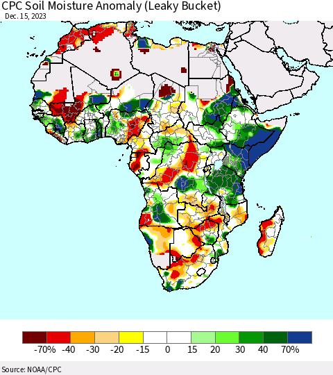 Africa CPC Soil Moisture Anomaly (Leaky Bucket) Thematic Map For 12/11/2023 - 12/15/2023