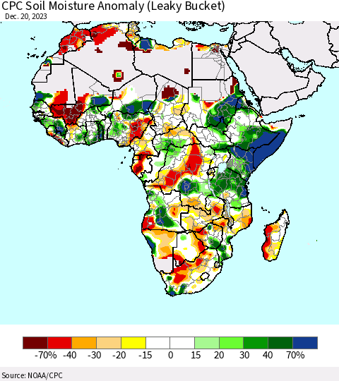 Africa CPC Soil Moisture Anomaly (Leaky Bucket) Thematic Map For 12/16/2023 - 12/20/2023