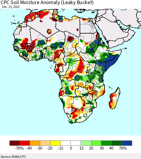 Africa CPC Soil Moisture Anomaly (Leaky Bucket) Thematic Map For 12/21/2023 - 12/25/2023