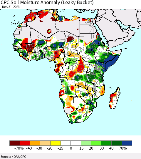 Africa CPC Soil Moisture Anomaly (Leaky Bucket) Thematic Map For 12/26/2023 - 12/31/2023