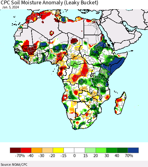 Africa CPC Soil Moisture Anomaly (Leaky Bucket) Thematic Map For 1/1/2024 - 1/5/2024