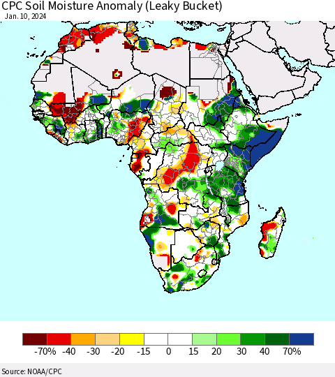 Africa CPC Soil Moisture Anomaly (Leaky Bucket) Thematic Map For 1/6/2024 - 1/10/2024
