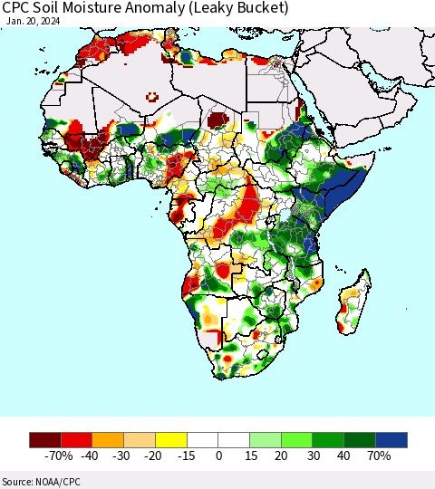 Africa CPC Soil Moisture Anomaly (Leaky Bucket) Thematic Map For 1/16/2024 - 1/20/2024