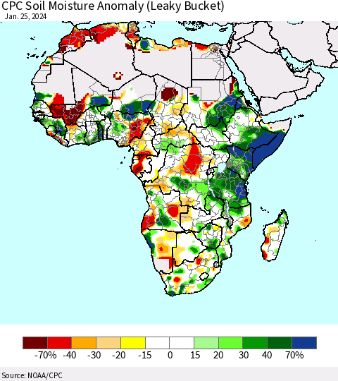 Africa CPC Soil Moisture Anomaly (Leaky Bucket) Thematic Map For 1/21/2024 - 1/25/2024