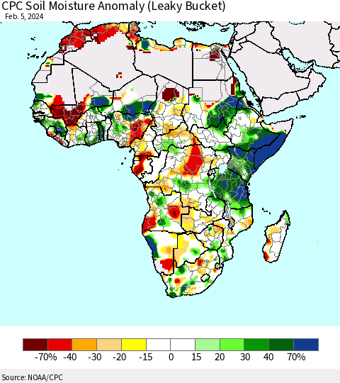 Africa CPC Soil Moisture Anomaly (Leaky Bucket) Thematic Map For 2/1/2024 - 2/5/2024