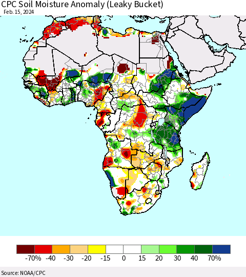 Africa CPC Soil Moisture Anomaly (Leaky Bucket) Thematic Map For 2/11/2024 - 2/15/2024