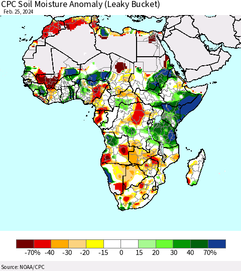 Africa CPC Soil Moisture Anomaly (Leaky Bucket) Thematic Map For 2/21/2024 - 2/25/2024