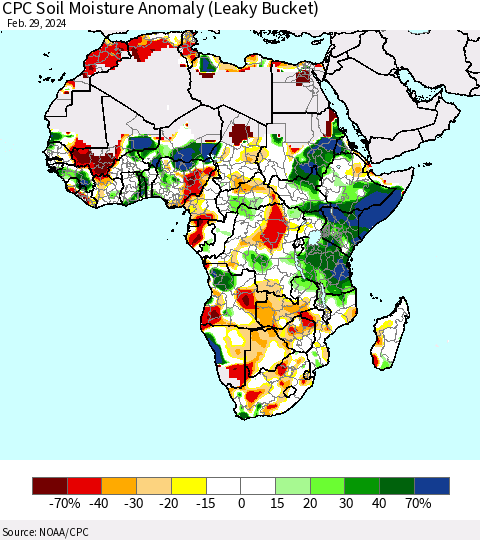 Africa CPC Soil Moisture Anomaly (Leaky Bucket) Thematic Map For 2/26/2024 - 2/29/2024