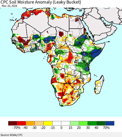 Africa CPC Soil Moisture Anomaly (Leaky Bucket) Thematic Map For 3/16/2024 - 3/20/2024