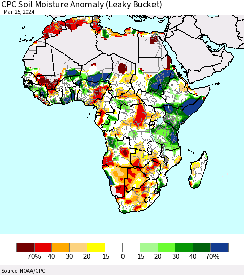 Africa CPC Soil Moisture Anomaly (Leaky Bucket) Thematic Map For 3/21/2024 - 3/25/2024