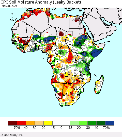 Africa CPC Soil Moisture Anomaly (Leaky Bucket) Thematic Map For 3/26/2024 - 3/31/2024