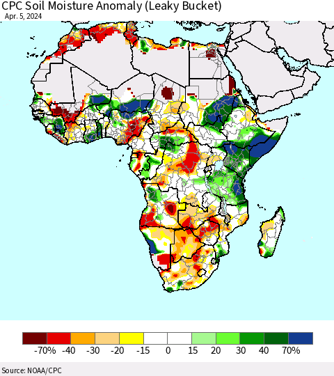 Africa CPC Soil Moisture Anomaly (Leaky Bucket) Thematic Map For 4/1/2024 - 4/5/2024