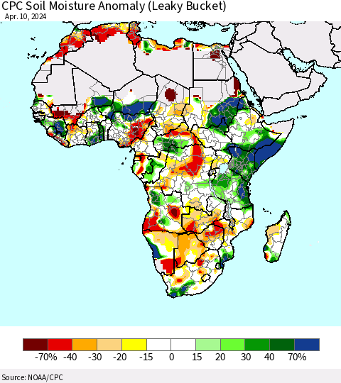 Africa CPC Soil Moisture Anomaly (Leaky Bucket) Thematic Map For 4/6/2024 - 4/10/2024