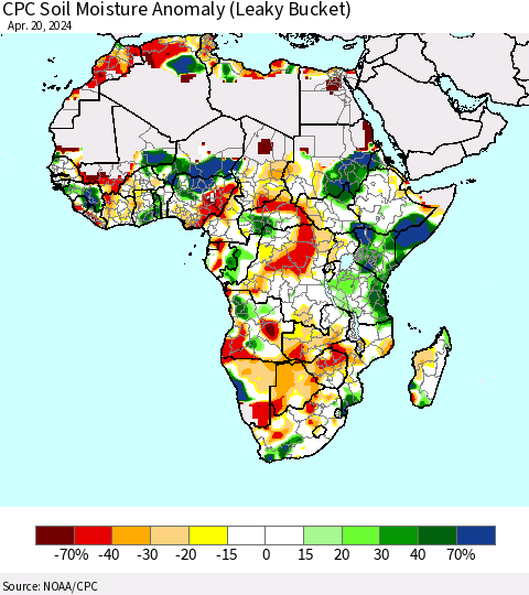 Africa CPC Soil Moisture Anomaly (Leaky Bucket) Thematic Map For 4/16/2024 - 4/20/2024