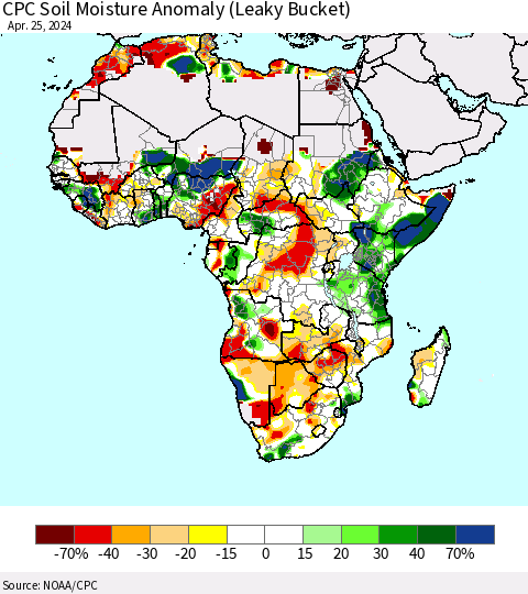 Africa CPC Soil Moisture Anomaly (Leaky Bucket) Thematic Map For 4/21/2024 - 4/25/2024