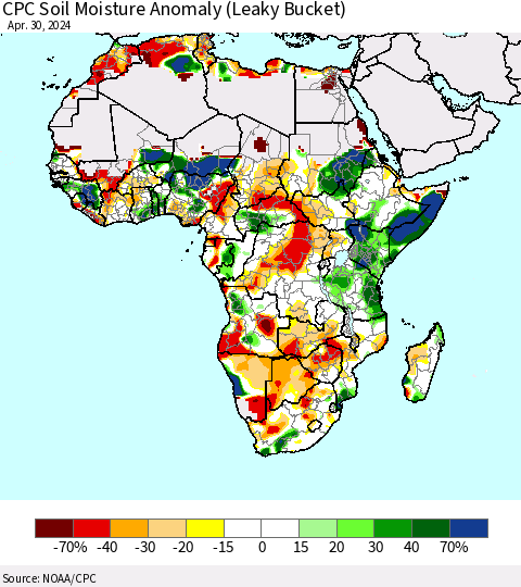Africa CPC Soil Moisture Anomaly (Leaky Bucket) Thematic Map For 4/26/2024 - 4/30/2024