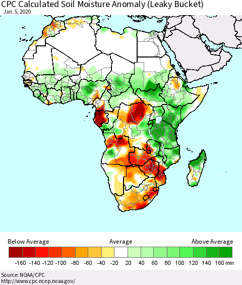 Africa CPC Soil Moisture Departure from Normal (Leaky Bucket) Thematic Map For 1/1/2020 - 1/5/2020