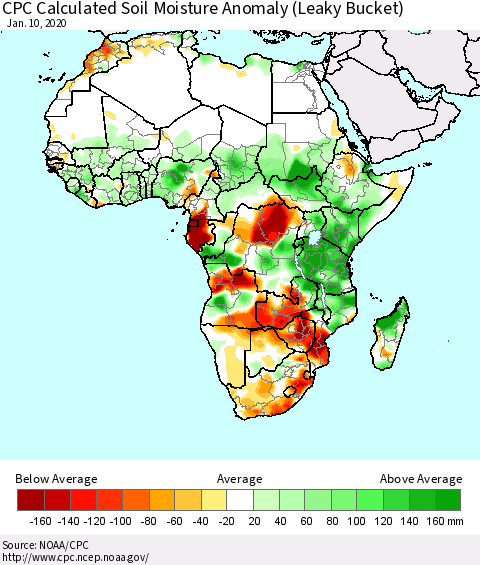 Africa CPC Soil Moisture Departure from Normal (Leaky Bucket) Thematic Map For 1/6/2020 - 1/10/2020