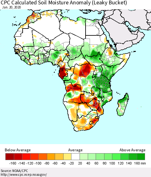 Africa CPC Soil Moisture Departure from Normal (Leaky Bucket) Thematic Map For 1/16/2020 - 1/20/2020