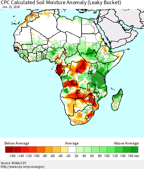 Africa CPC Soil Moisture Departure from Normal (Leaky Bucket) Thematic Map For 1/21/2020 - 1/25/2020