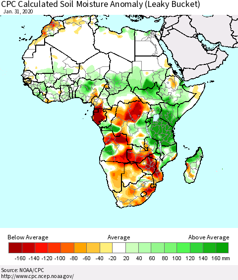 Africa CPC Soil Moisture Departure from Normal (Leaky Bucket) Thematic Map For 1/26/2020 - 1/31/2020