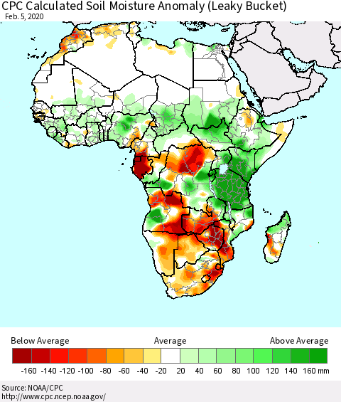 Africa CPC Soil Moisture Departure from Normal (Leaky Bucket) Thematic Map For 2/1/2020 - 2/5/2020