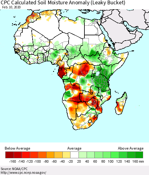 Africa CPC Soil Moisture Departure from Normal (Leaky Bucket) Thematic Map For 2/6/2020 - 2/10/2020