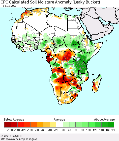Africa CPC Soil Moisture Departure from Normal (Leaky Bucket) Thematic Map For 2/11/2020 - 2/15/2020