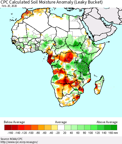 Africa CPC Soil Moisture Departure from Normal (Leaky Bucket) Thematic Map For 2/16/2020 - 2/20/2020