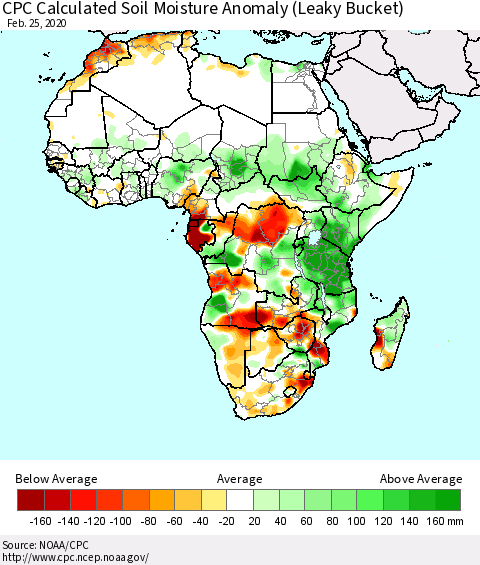 Africa CPC Soil Moisture Departure from Normal (Leaky Bucket) Thematic Map For 2/21/2020 - 2/25/2020