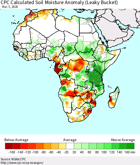Africa CPC Calculated Soil Moisture Anomaly (Leaky Bucket) Thematic Map For 3/1/2020 - 3/5/2020
