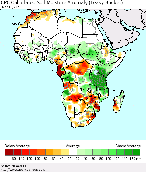 Africa CPC Calculated Soil Moisture Anomaly (Leaky Bucket) Thematic Map For 3/6/2020 - 3/10/2020