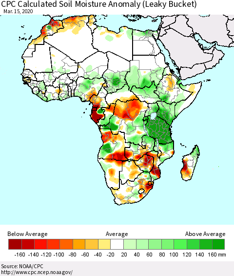 Africa CPC Calculated Soil Moisture Anomaly (Leaky Bucket) Thematic Map For 3/11/2020 - 3/15/2020