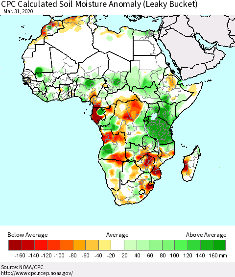 Africa CPC Soil Moisture Departure from Normal (Leaky Bucket) Thematic Map For 3/26/2020 - 3/31/2020
