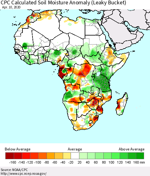 Africa CPC Soil Moisture Departure from Normal (Leaky Bucket) Thematic Map For 4/6/2020 - 4/10/2020