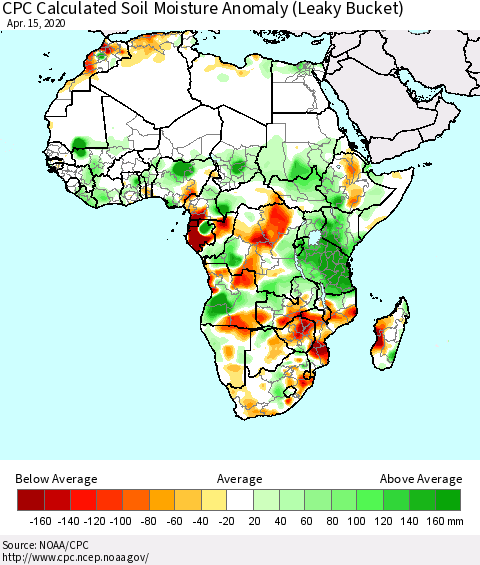 Africa CPC Soil Moisture Departure from Normal (Leaky Bucket) Thematic Map For 4/11/2020 - 4/15/2020