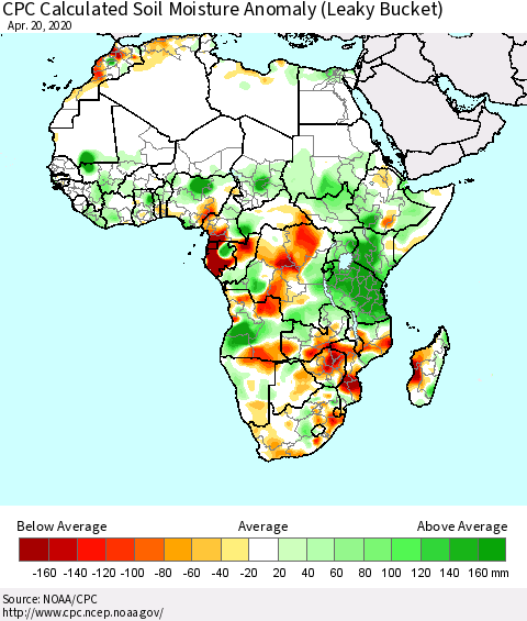 Africa CPC Calculated Soil Moisture Anomaly (Leaky Bucket) Thematic Map For 4/16/2020 - 4/20/2020